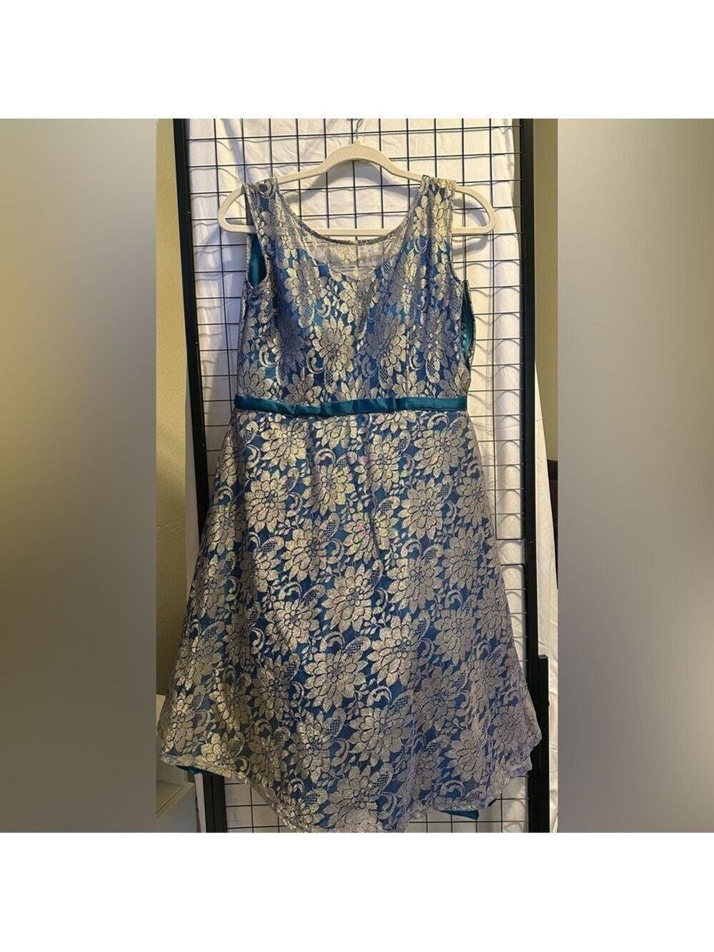 Custom Prom dress (Silver Lace with Teal/Blue lining, mesh top, and petticoat)